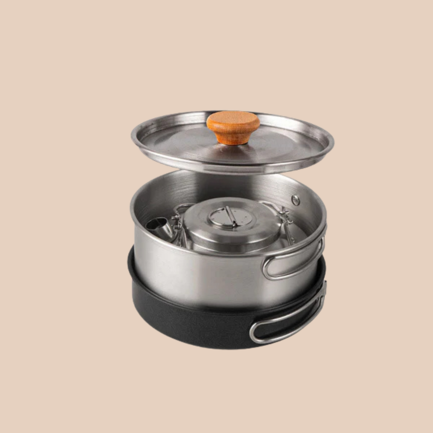 PORTABLE 4-PIECE STAINLESS STEEL CAMPING COOKWARE SET