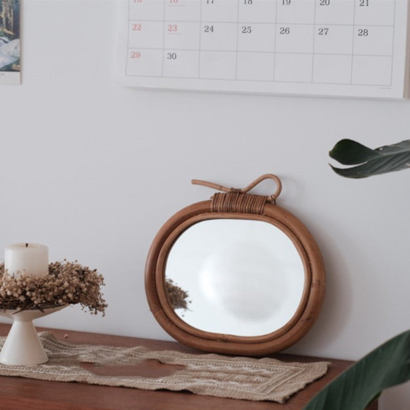 WOODEN APPLE MIRROR - NATURAL RATTAN DESIGN