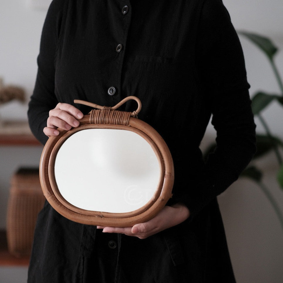 WOODEN APPLE MIRROR - NATURAL RATTAN DESIGN