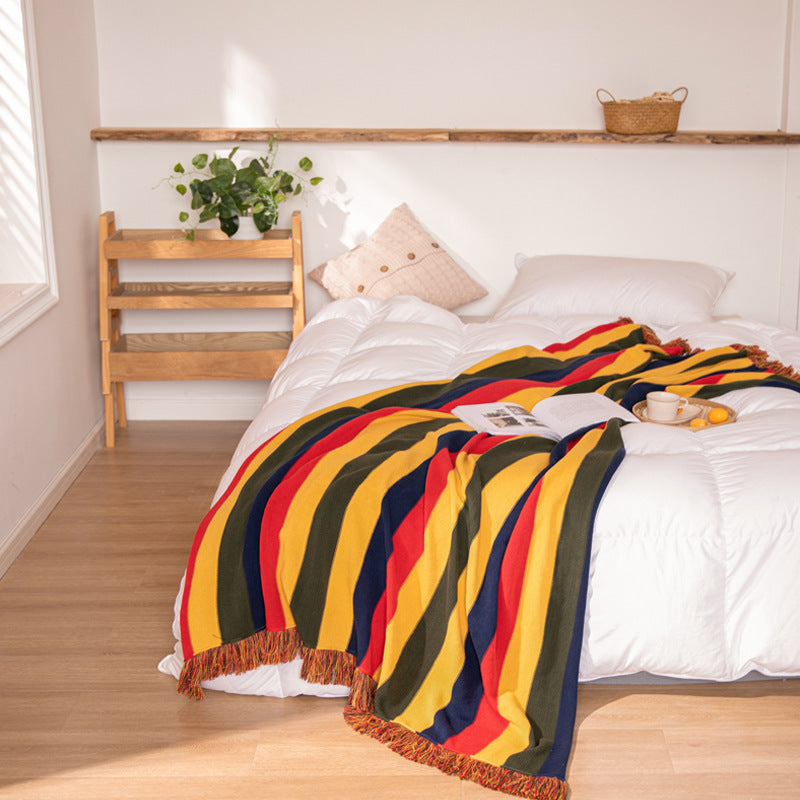 FRINGED RETRO STRIPED KNIT BLANKET