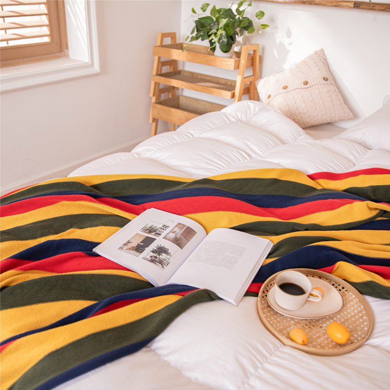 FRINGED RETRO STRIPED KNIT BLANKET