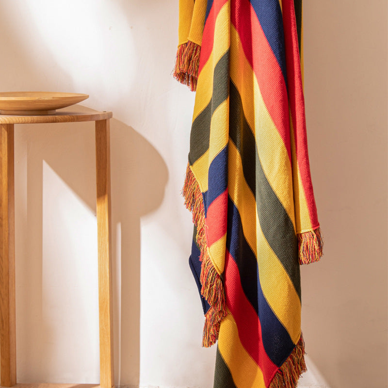 FRINGED RETRO STRIPED KNIT BLANKET