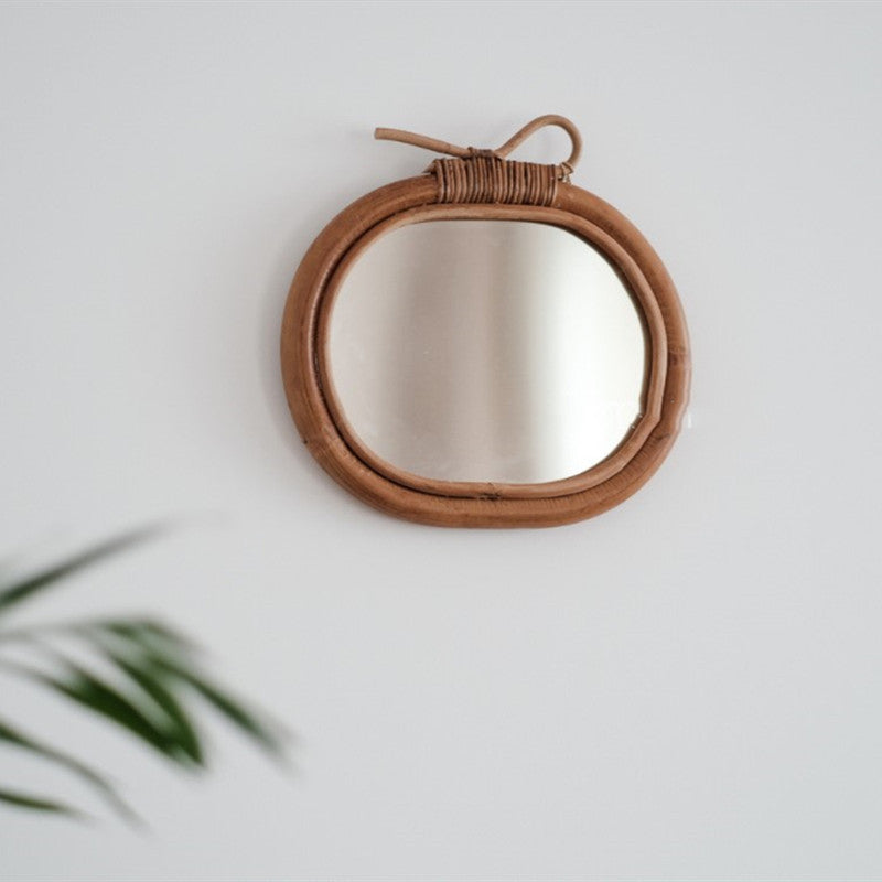 WOODEN APPLE MIRROR - NATURAL RATTAN DESIGN