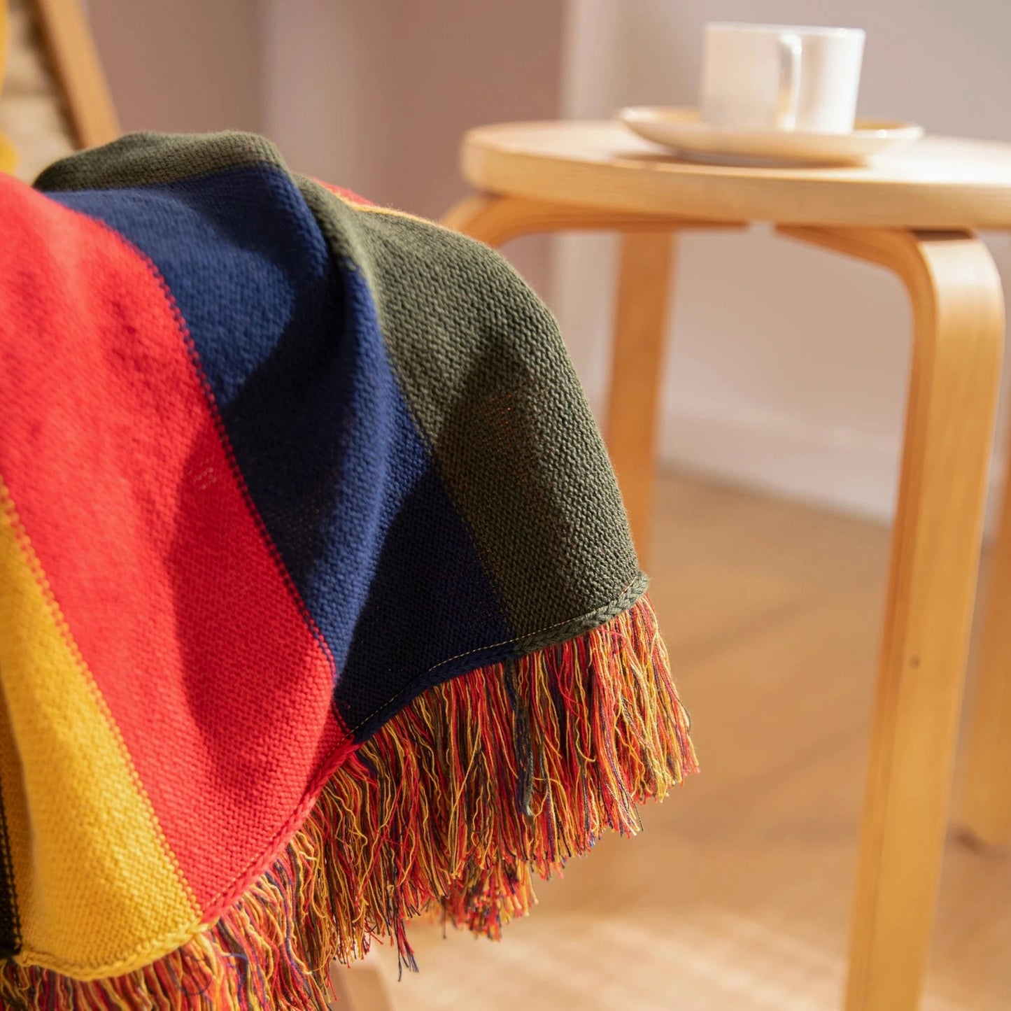 FRINGED RETRO STRIPED KNIT BLANKET