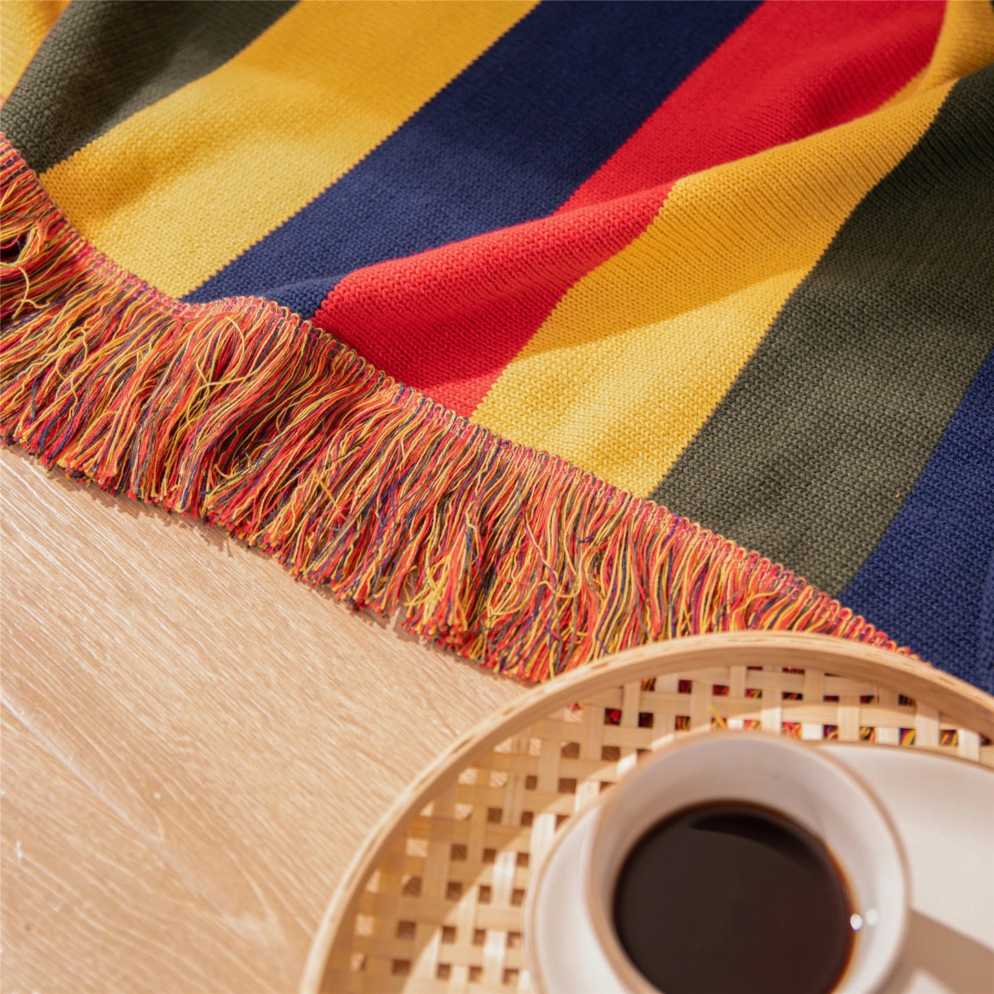 FRINGED RETRO STRIPED KNIT BLANKET