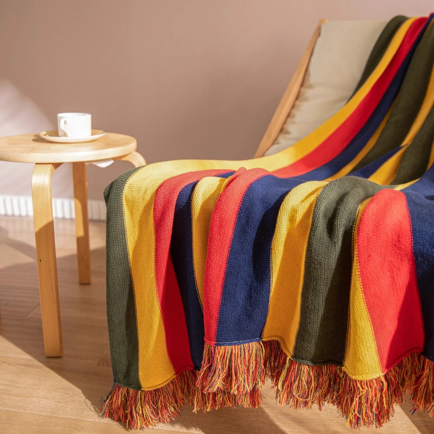 FRINGED RETRO STRIPED KNIT BLANKET