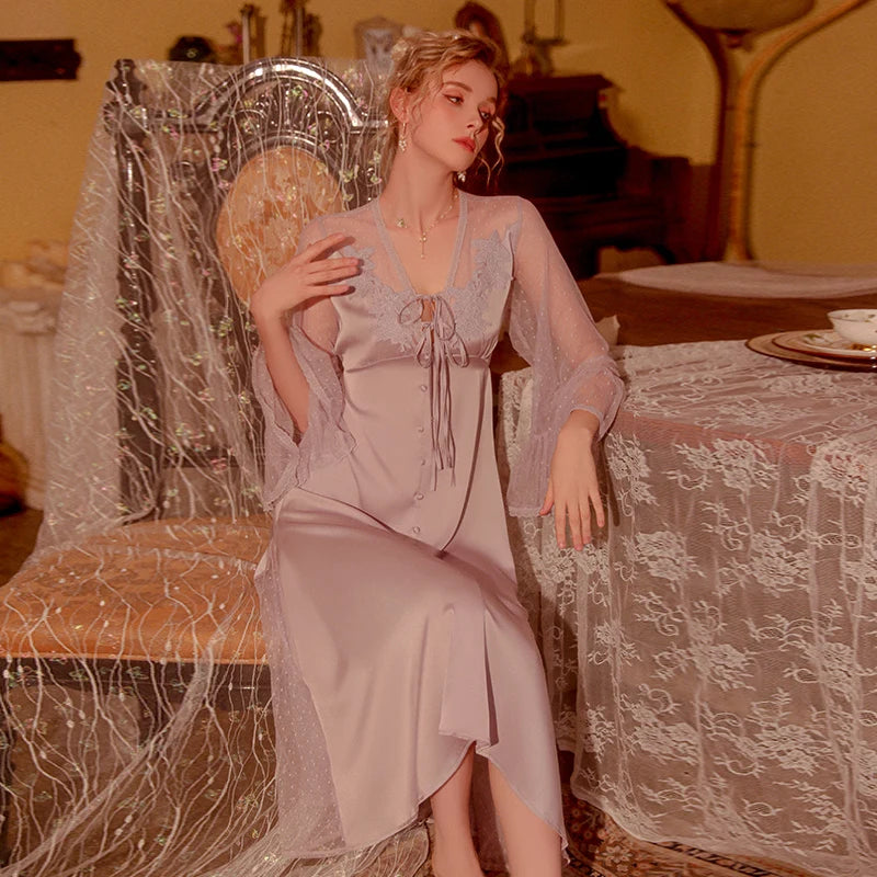 ELEGANT LACE EMBROIDERED NIGHTGOWN