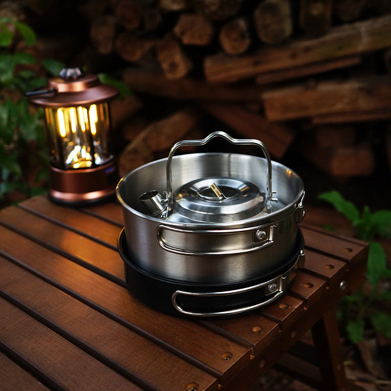 PORTABLE 4-PIECE STAINLESS STEEL CAMPING COOKWARE SET