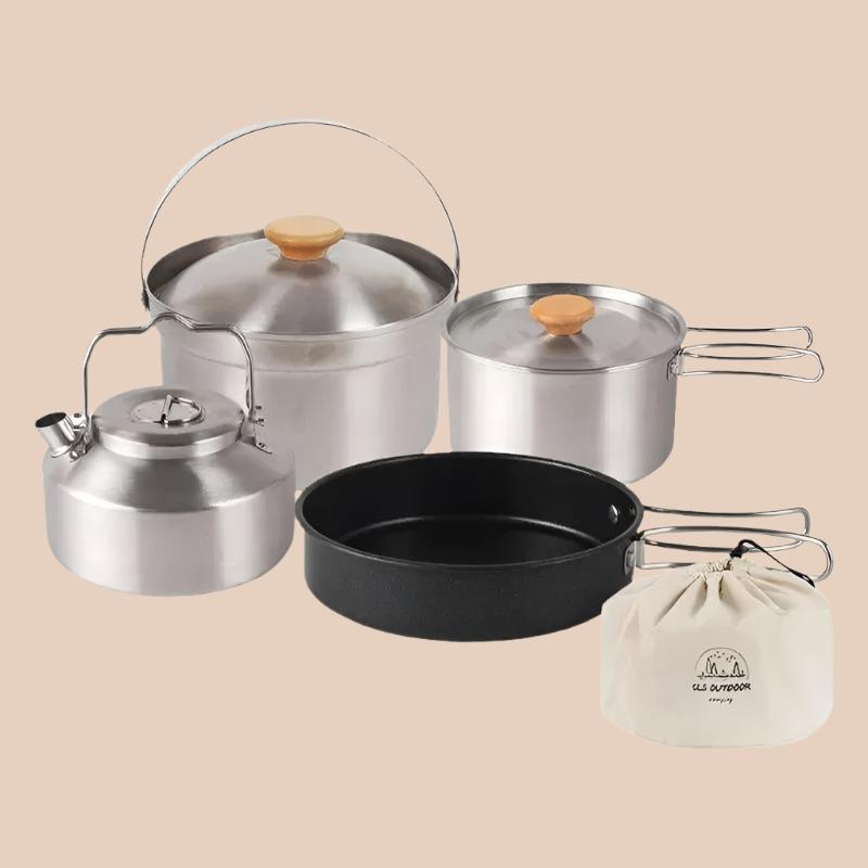 PORTABLE 4-PIECE STAINLESS STEEL CAMPING COOKWARE SET